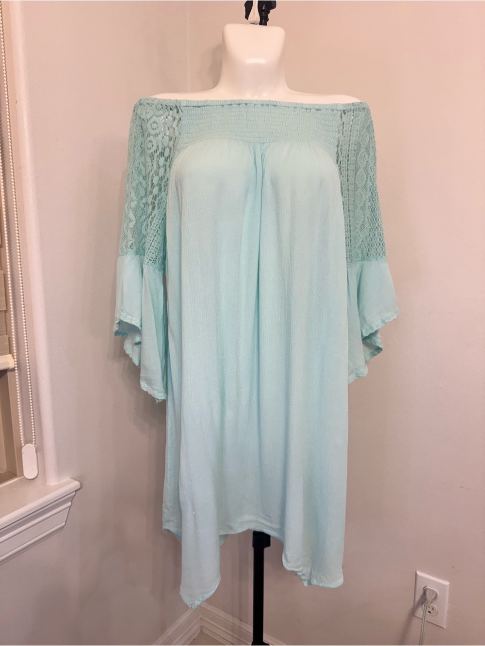 Light Aqua Off-Shoulder Lace Sleeve Dress